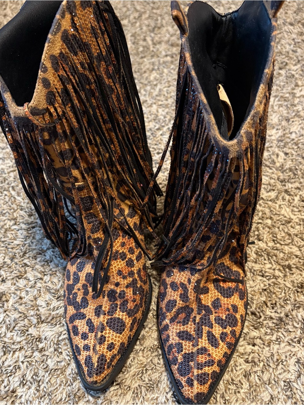 Leopard Print Fringe Women's Western Boots - Brown